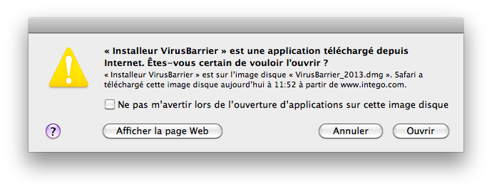 installeur VirusBarrier est une application téléchargé depuis Internet. Etes-vous certain de vouloir l'ouvrir ?