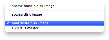 sparse bundle disk image, sparse disk image, read/write disk image, DVD/CD master