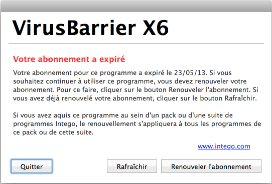 VirusBarrier X6 - Votre abonnement a expiré - Renouveler l'abonnement