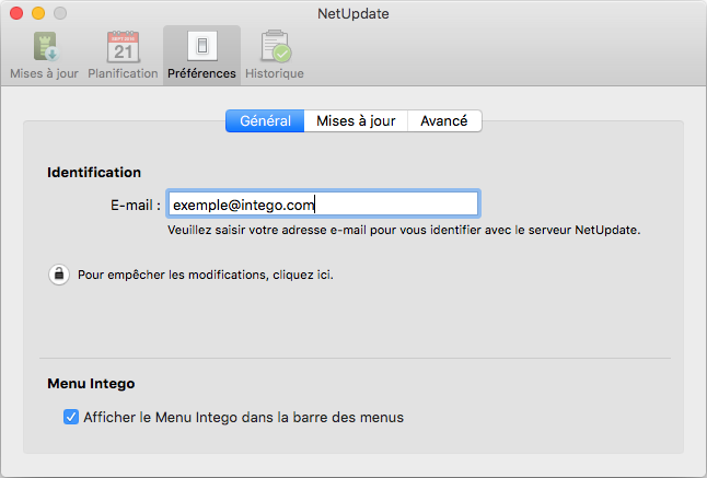 NetUpdate > Préférences > Général > Identification > E-mail