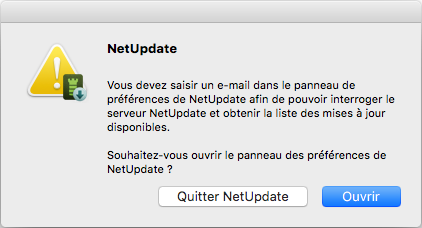 Saisir un e-mail dans le panneau de préférences de NetUpdate