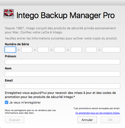 Intego Backup Manager Pro >  Je veux m'enregistrer (Sérialiser)