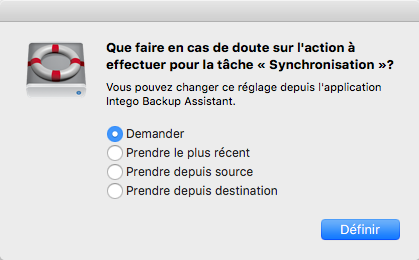 Synchronisation : dialogue Demander > Choisir le comportement par défaut