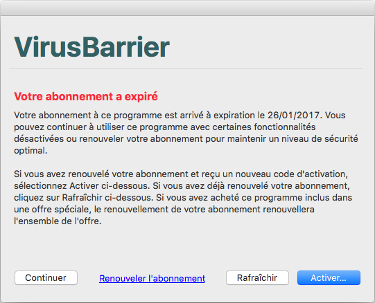 VirusBarrier - Votre abonnement a expiré