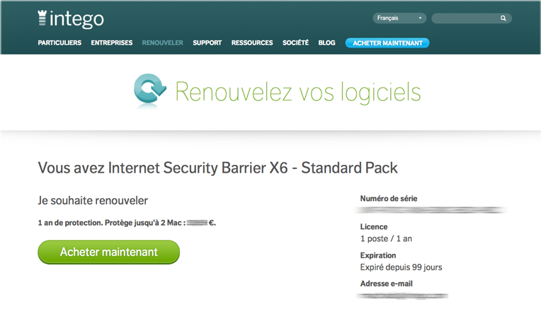 Renouvelez vos logiciels > Acheter maintenant