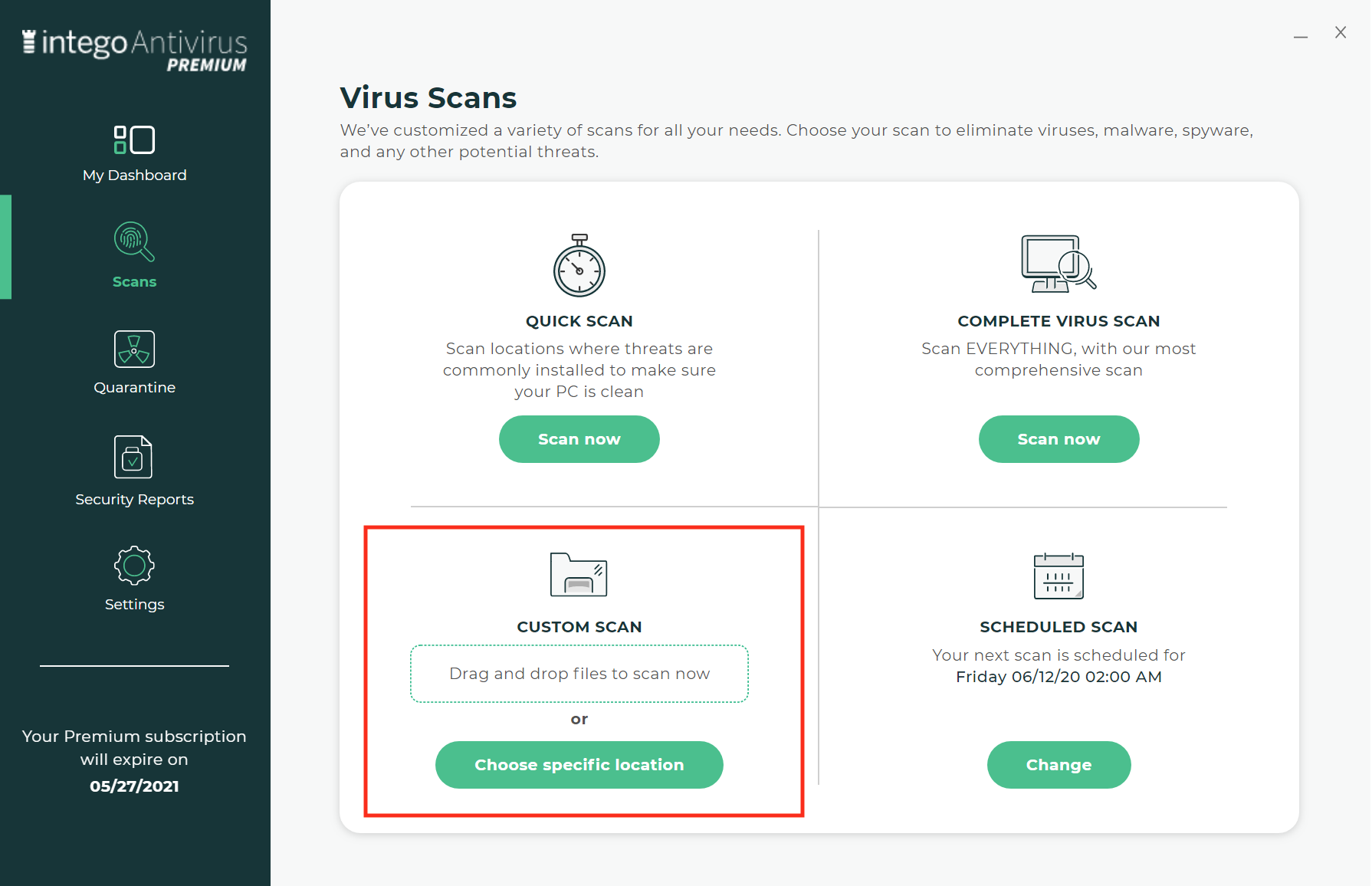 Illustration of the Custom Scan option