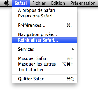 Menu Safari > Réinitialiser Safari…