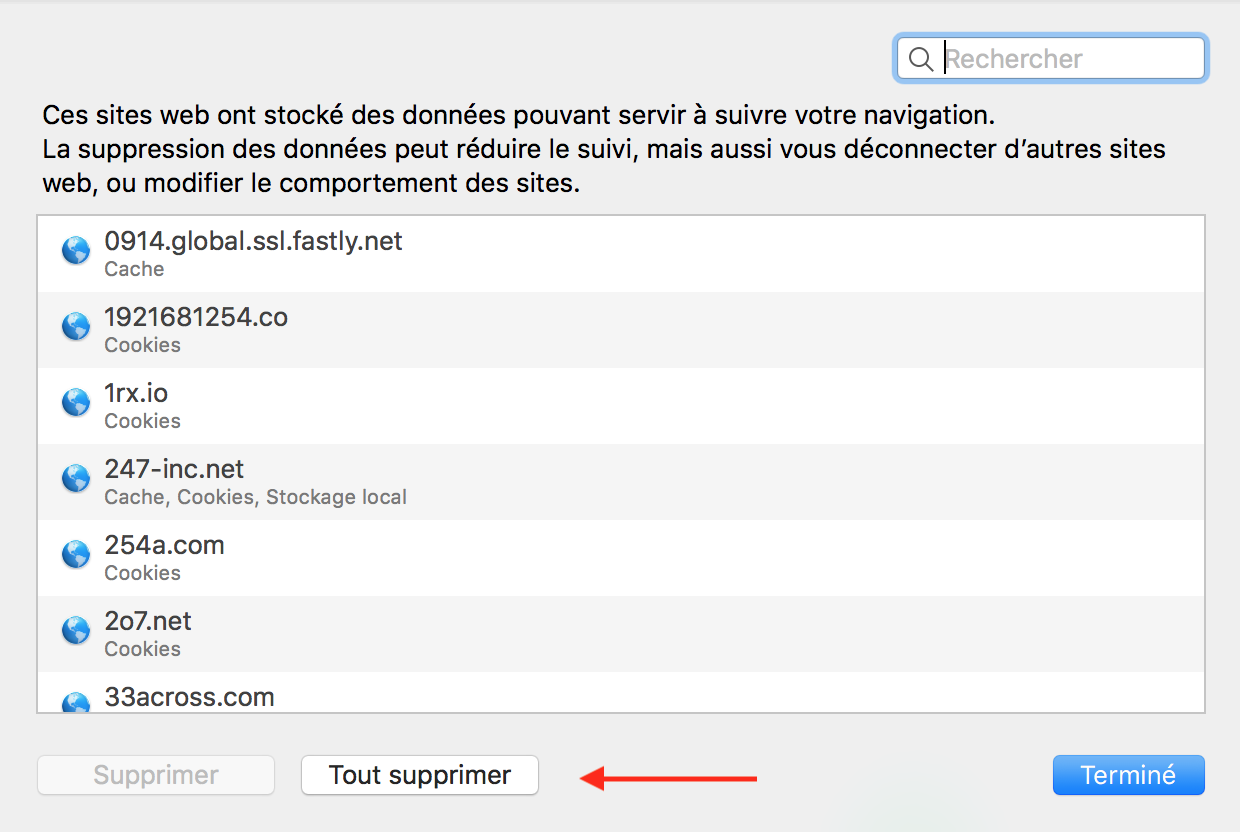 Safari > Préférences… > Confidentialité > panneau Données de site web