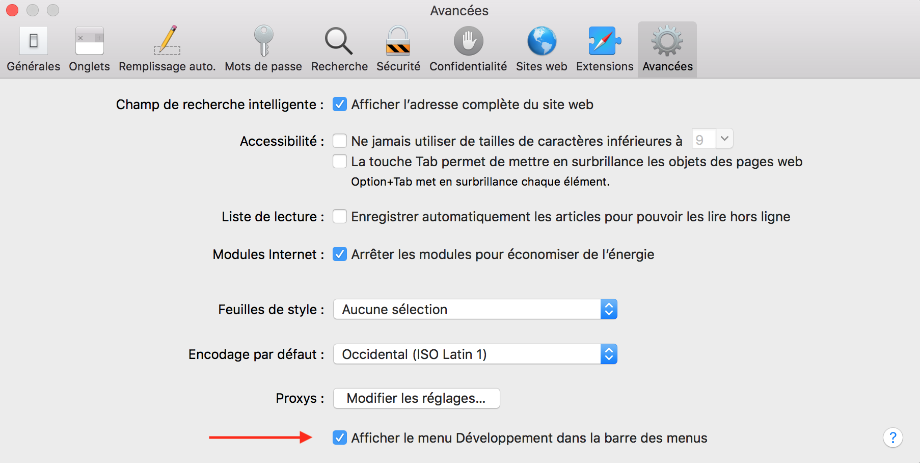 Safari > Préférences… > Avancées > Afficher le menu Développement dans la barre des menus