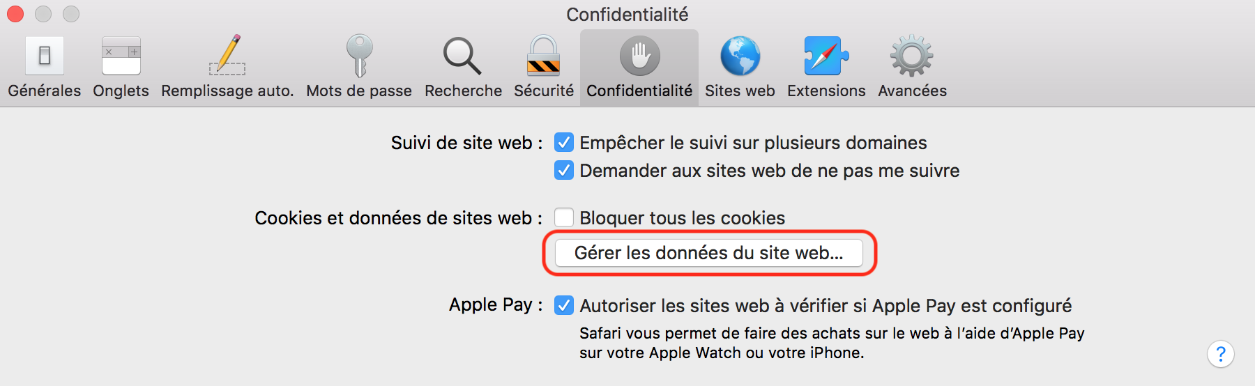 Safari > Préférences… > Confidentialité