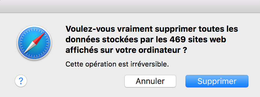 Safari > Préférences… > Confidentialité > panneau Données de site web > Supprimer