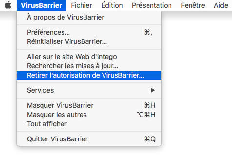 VirusBarrier > Retirer l'autorisation de VirusBarrier…