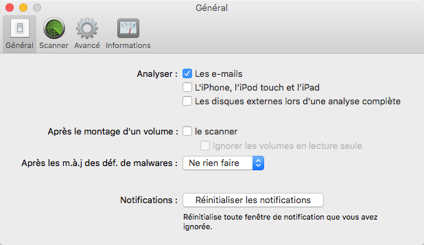 Menu VirusBarrier > Préférences > Général