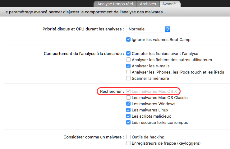 Menu Affichage > Paramètres d'analyse > onglet Avancé > Rechercher : [√] Les malwares Mac OS X