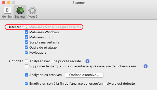 Menu VirusBarrier > Préférences… > onglet Scanner > Détecter : [√] Malwares Mac & iOS (nécessaire)