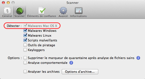 Menu VirusBarrier > Préférences… > onglet Scanner > Détecter : [√] Malwares Mac OS X