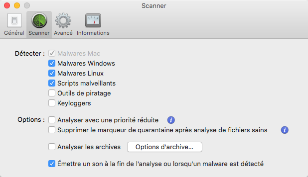Menu VirusBarrier > Préférences… > onglet Scanner