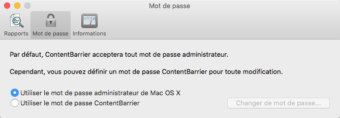 Menu ContentBarrier > Préférences > Mot de passe