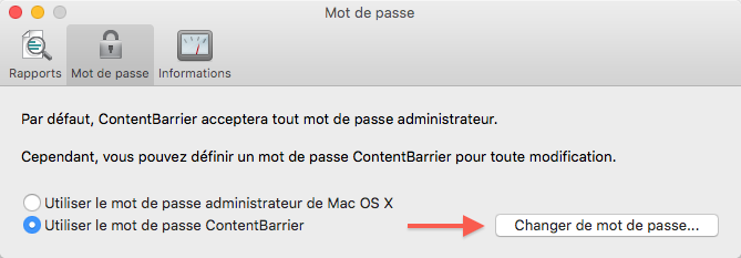 Menu ContentBarrier > Préférences > Mot de passe - Utiliser le mot de passe ContentBarrier