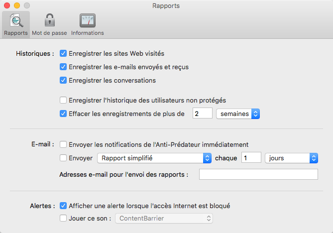 Menu ContentBarrier > Préférences > Rapports