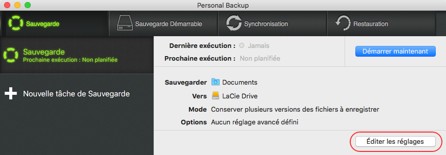 Personal Backup > tâche 'Sauvegarde' > Sauvegarder 'Documents' vers 'LaCie Drive'