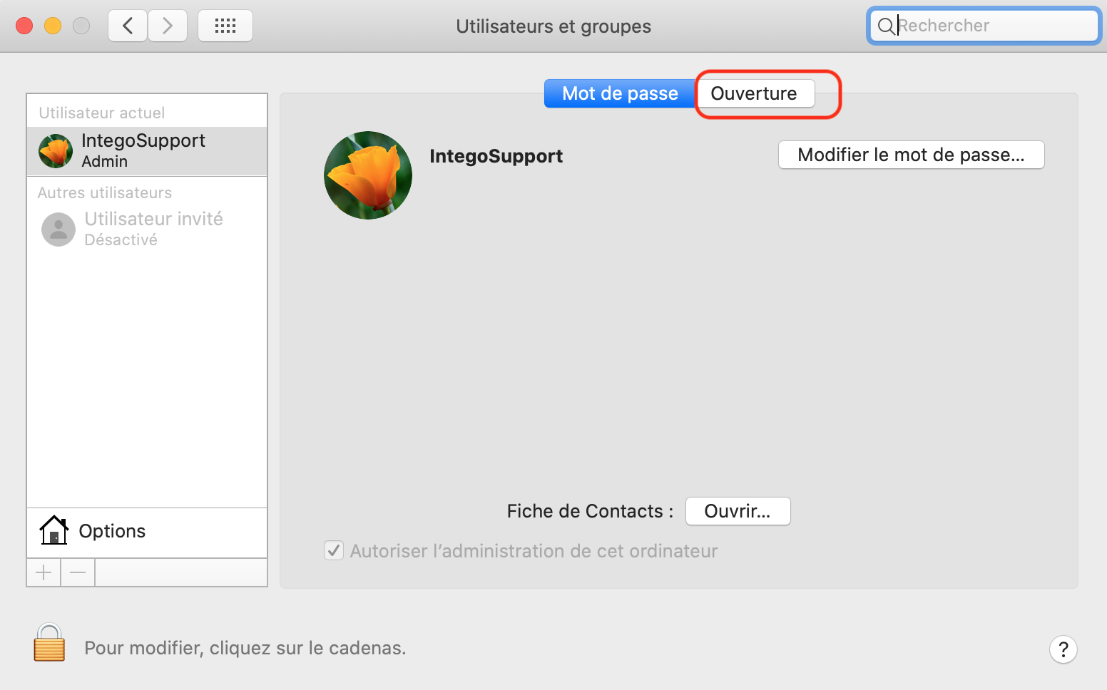  > Préférences Système… > Utilisateurs et groupes > Utilisateur courant > onglet Ouverture