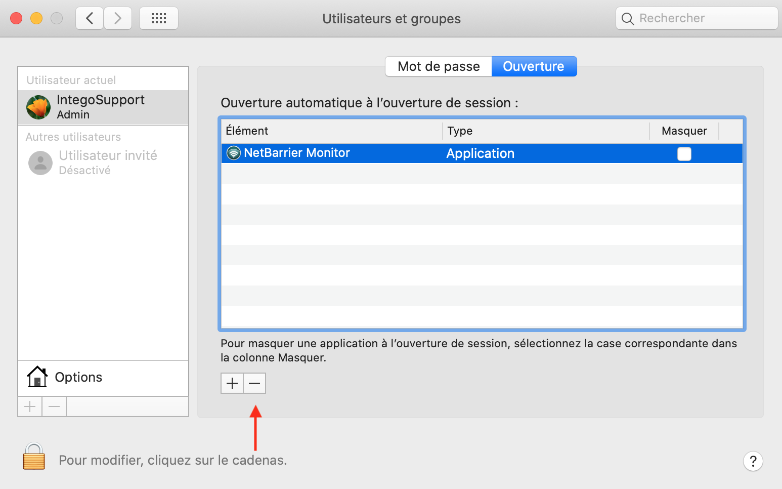  > Préférences Système… > Utilisateurs et groupes > Utilisateur courant > onglet Ouverture > [-] NetBarrier Monitor