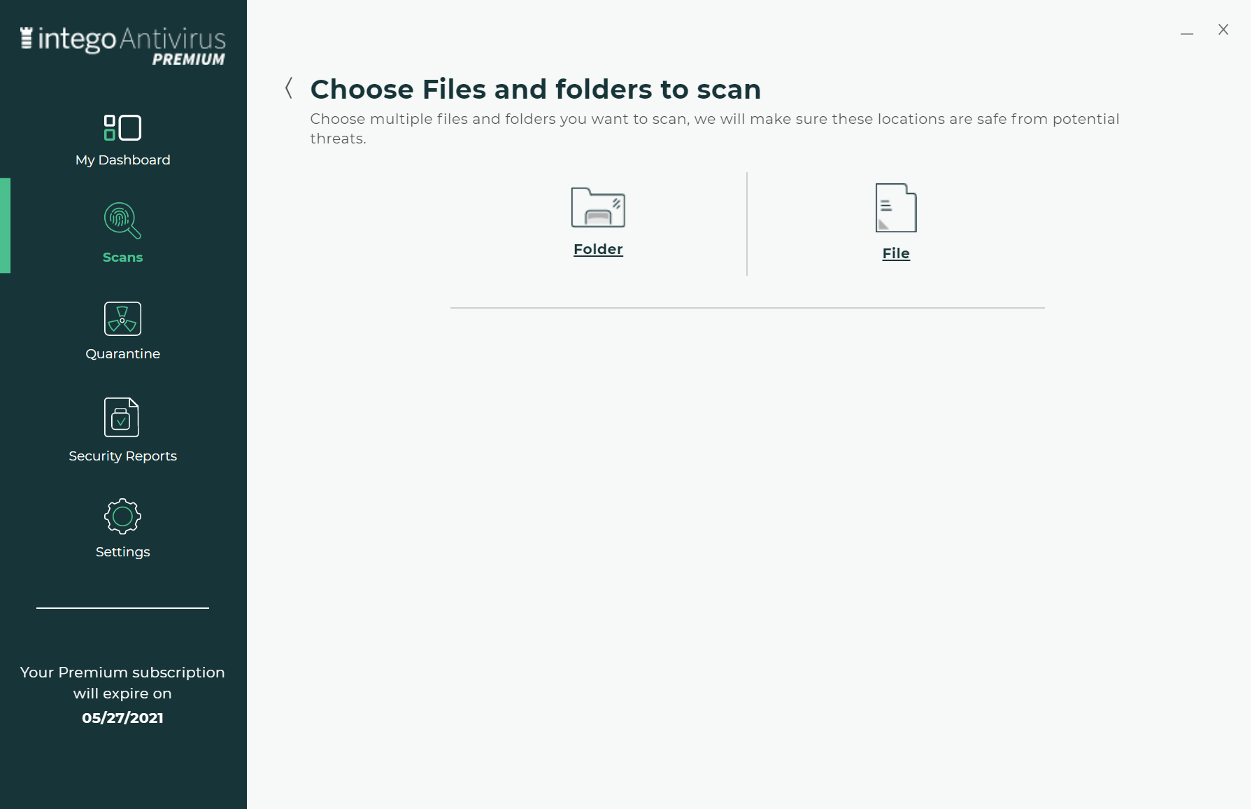 Illustration of how to choose a files or folders for a Custom Scan
