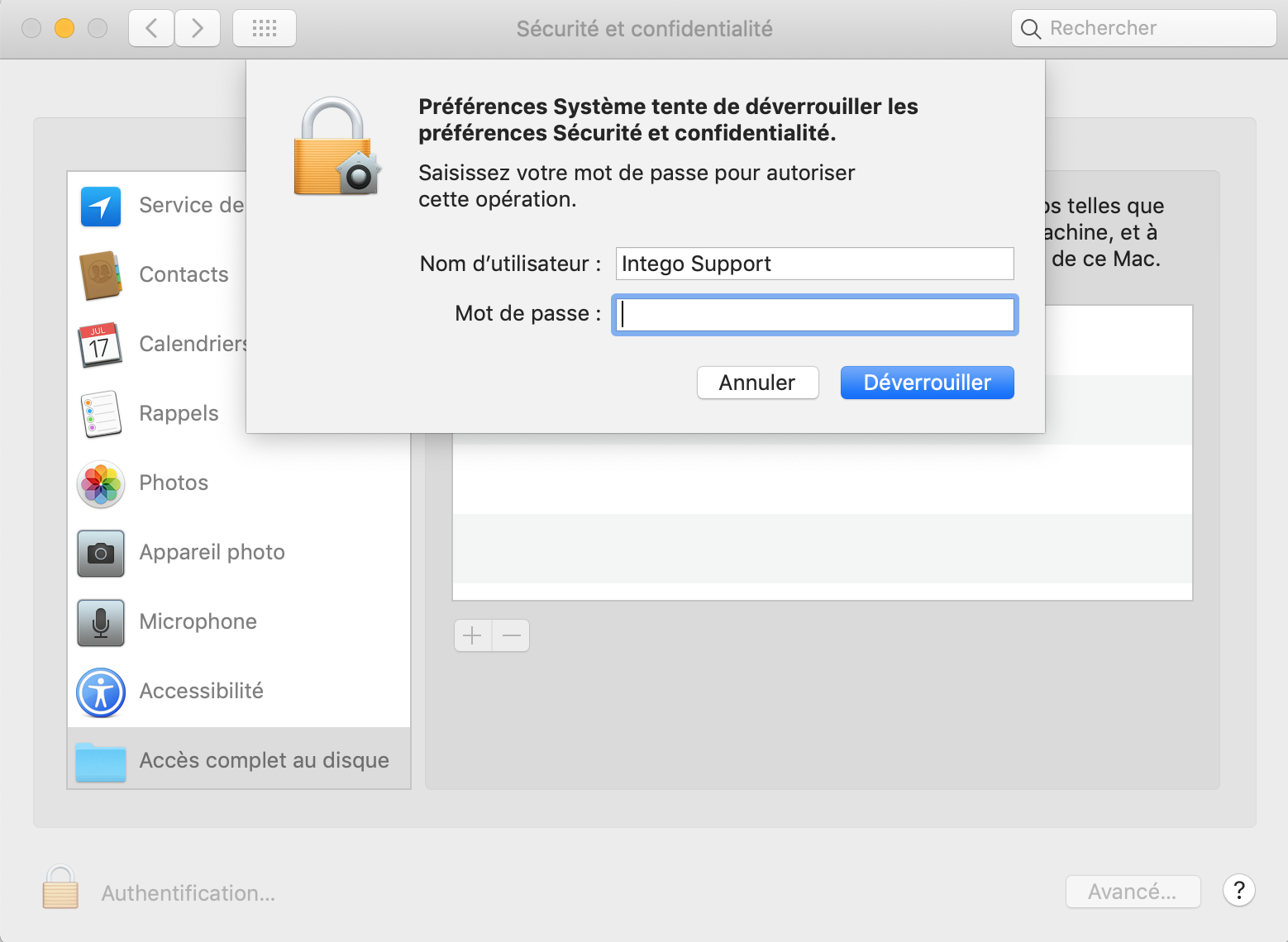 Sécurité et confidentialité > Confidentialité > Authentification… > Déverrouiller