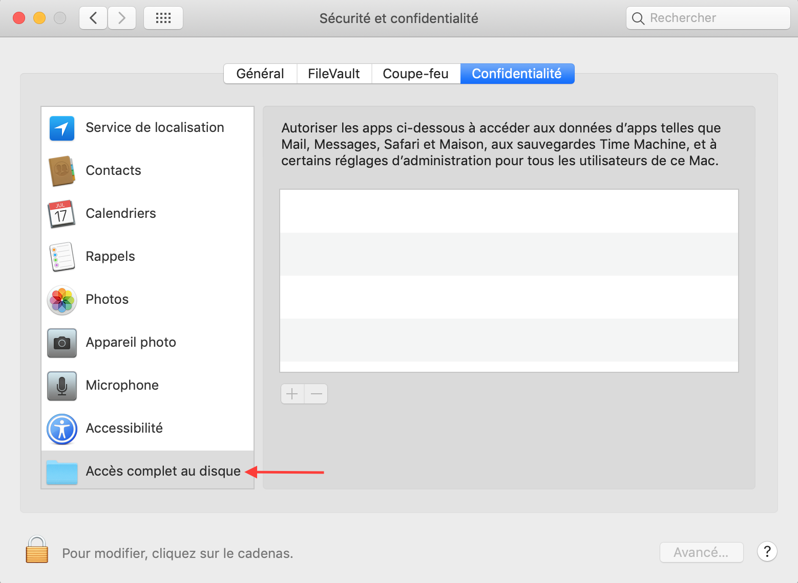Sécurité et confidentialité > Confidentialité > Accès complet au disque