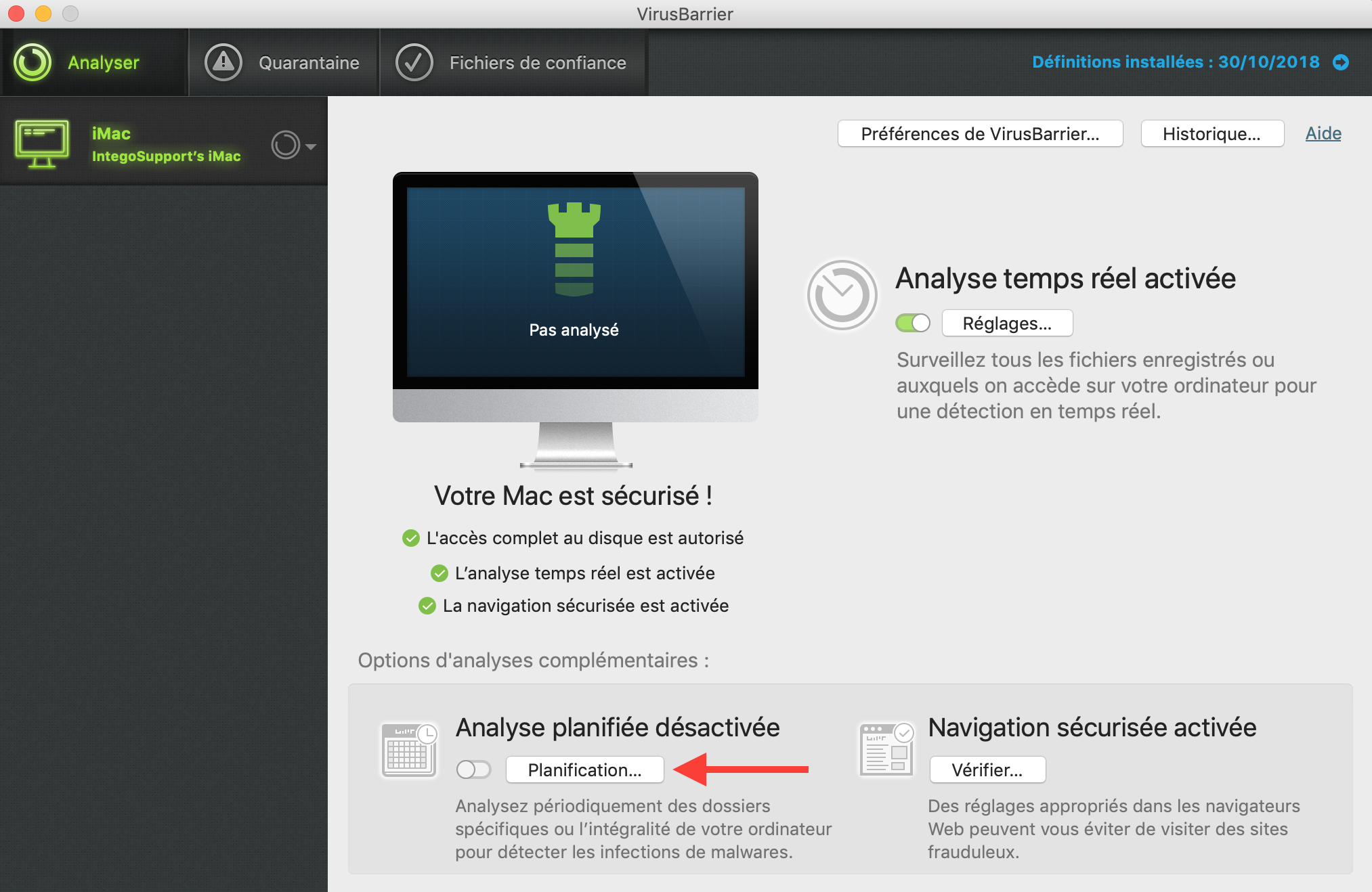 VirusBarrier > Bouton Planification…