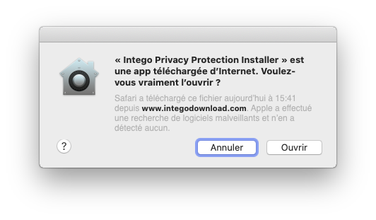 « Intego Privacy Protection » est une app téléchargée d'internet. Voulez-vous vraiment l'ouvrir ? > Ouvrir