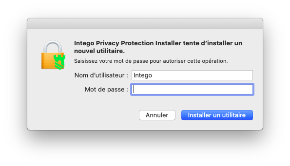 Intego Privacy Protection Installer tente d'installer un nouvel utilitaire. > Installer un utilitaire