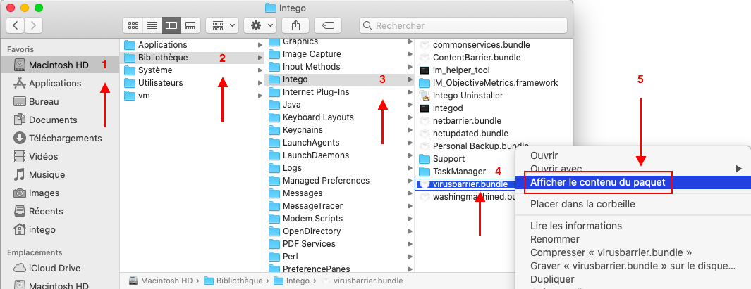 Finder > Ordinateur > Macintosh HD > Bibliothèque > Intego > virusbarrier.bundle > Contents > MacOS