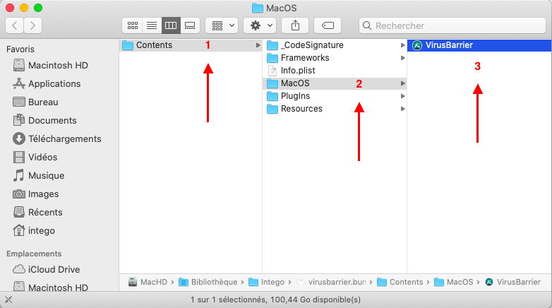 Finder : virusbarrier.bundle > Contents > MacOS > VirusBarrier