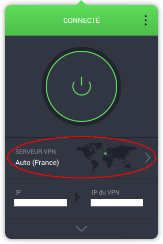 Affichage par défaut > Serveur VPN > Auto (France) - Connecté