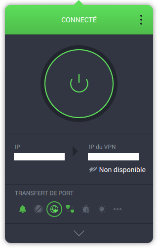 Affichage par défaut > Paramètres rapides > Transfert de port (Non disponible) - Connecté