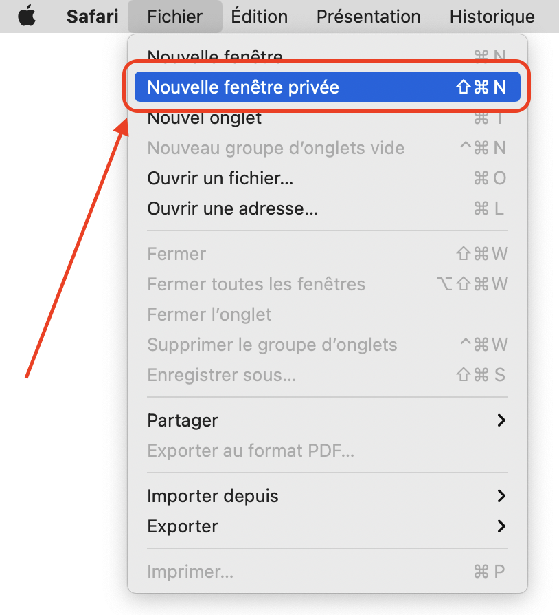 Safari : menu Fichier > Nouvelle fenêtre privée