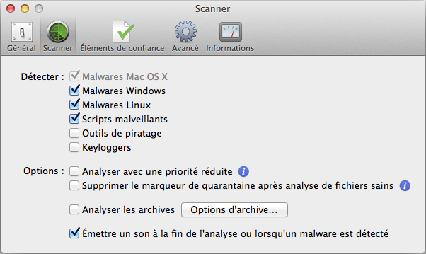 Menu VirusBarrier > Préférences > Scanner
